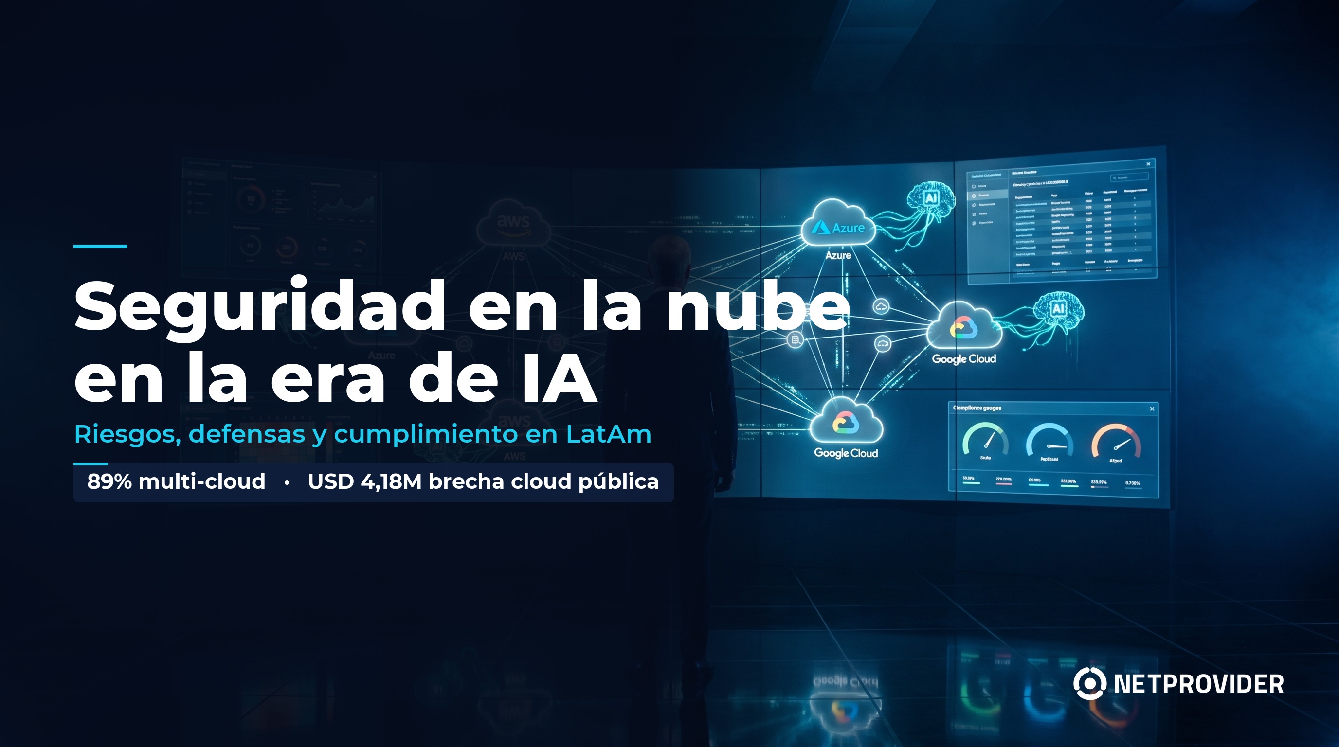 Centro de operaciones cloud con dashboards de AWS, Azure y Google Cloud conectados por agentes de IA - Seguridad en la nube en la era de IA - Netprovider