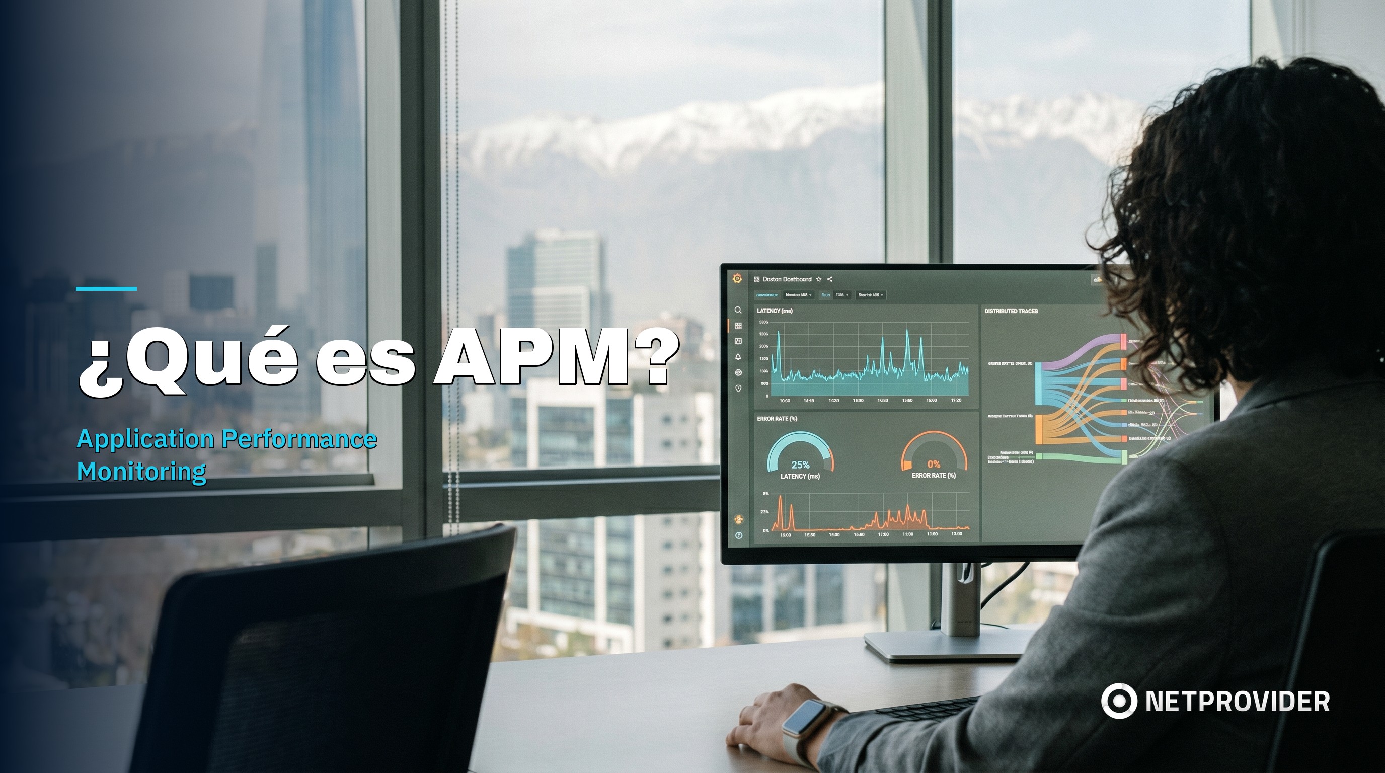 Profesional monitoreando un dashboard de APM (Application Performance Monitoring) con métricas de latencia y trazas distribuidas, en una oficina de Santiago de Chile con vista a la cordillera de los Andes