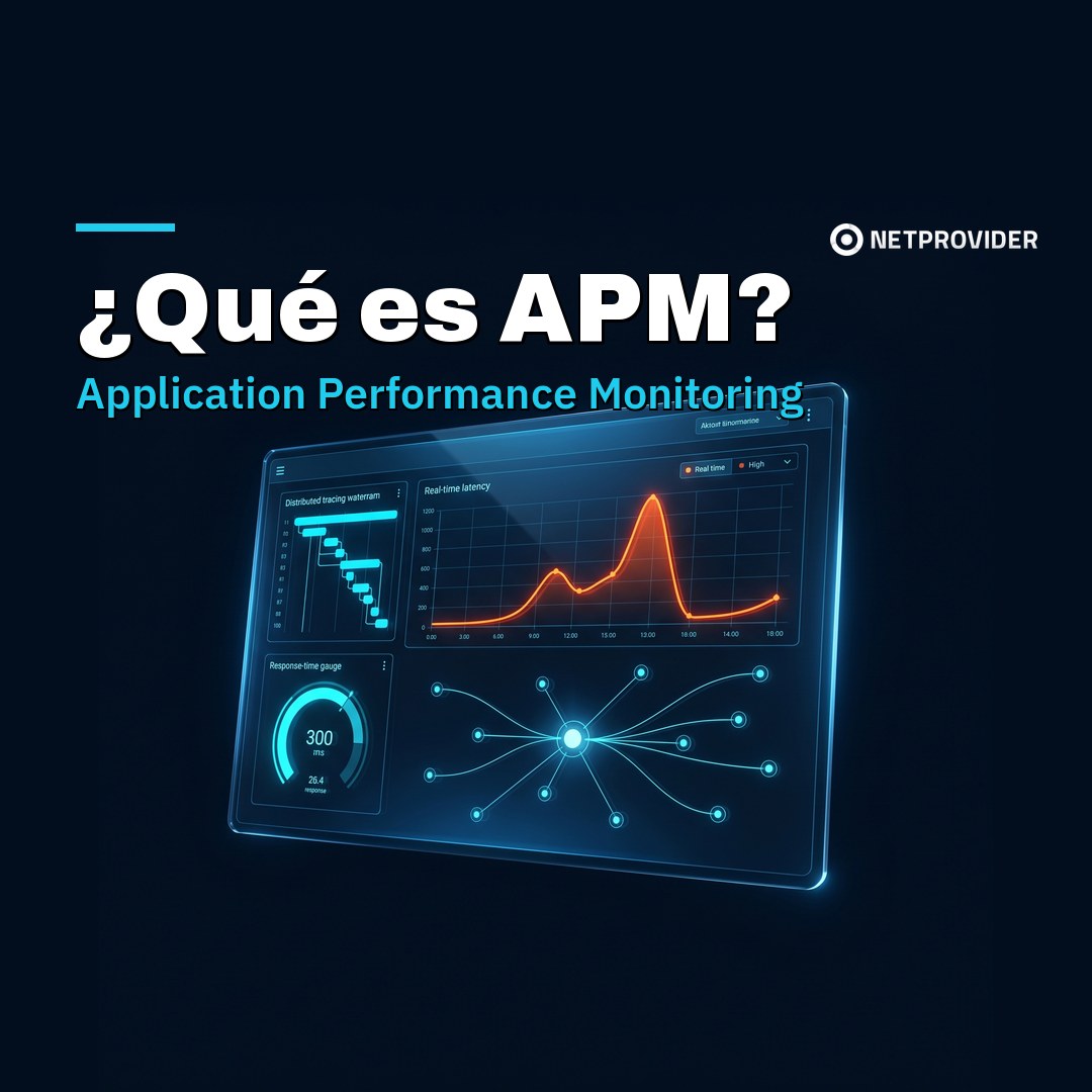 Dashboard futurista de APM con trazas distribuidas, latencia en tiempo real y mapa de servicios