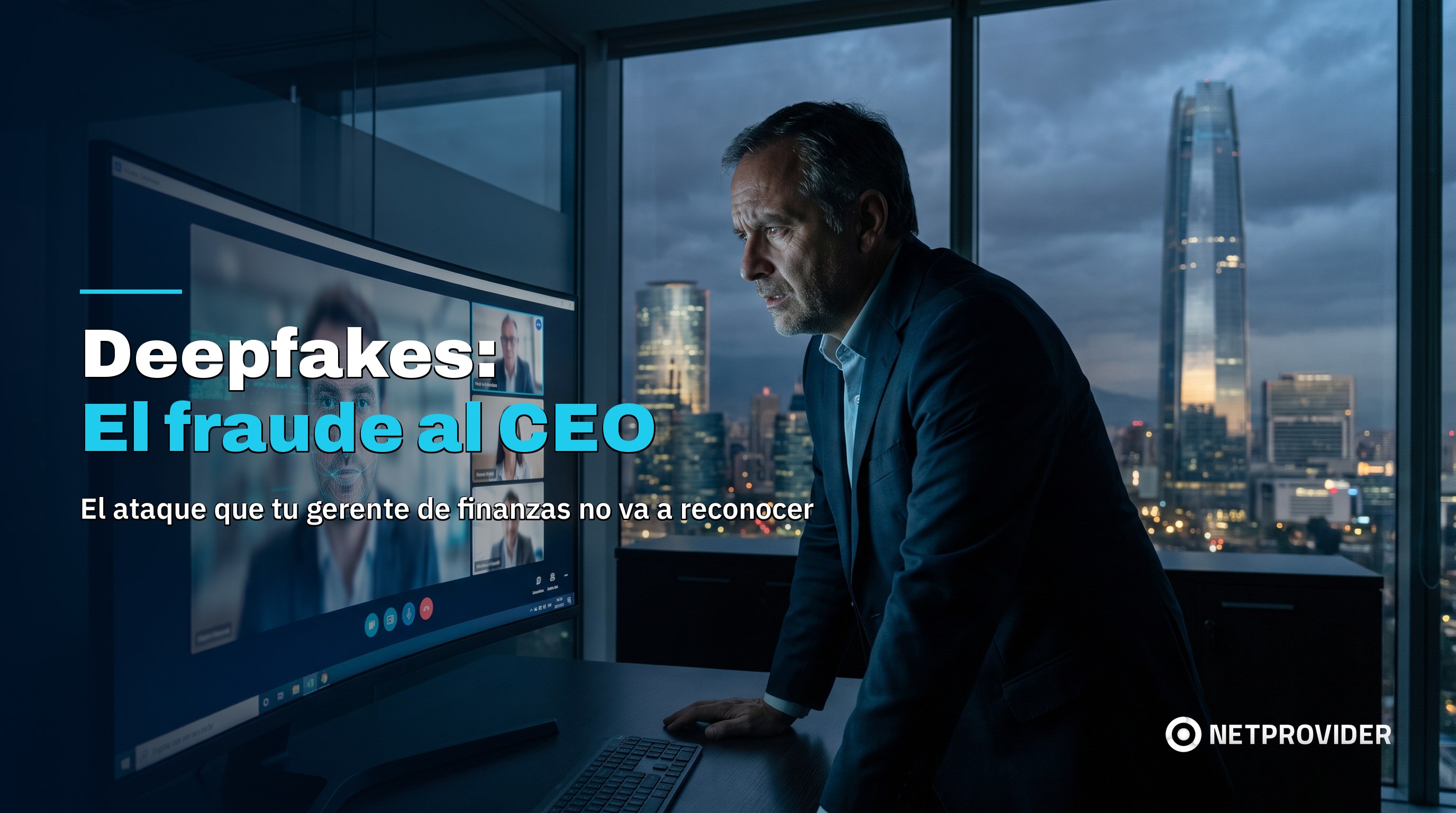 CFO en oficina de Santiago revisando una videollamada con un participante deepfake, fraude al CEO