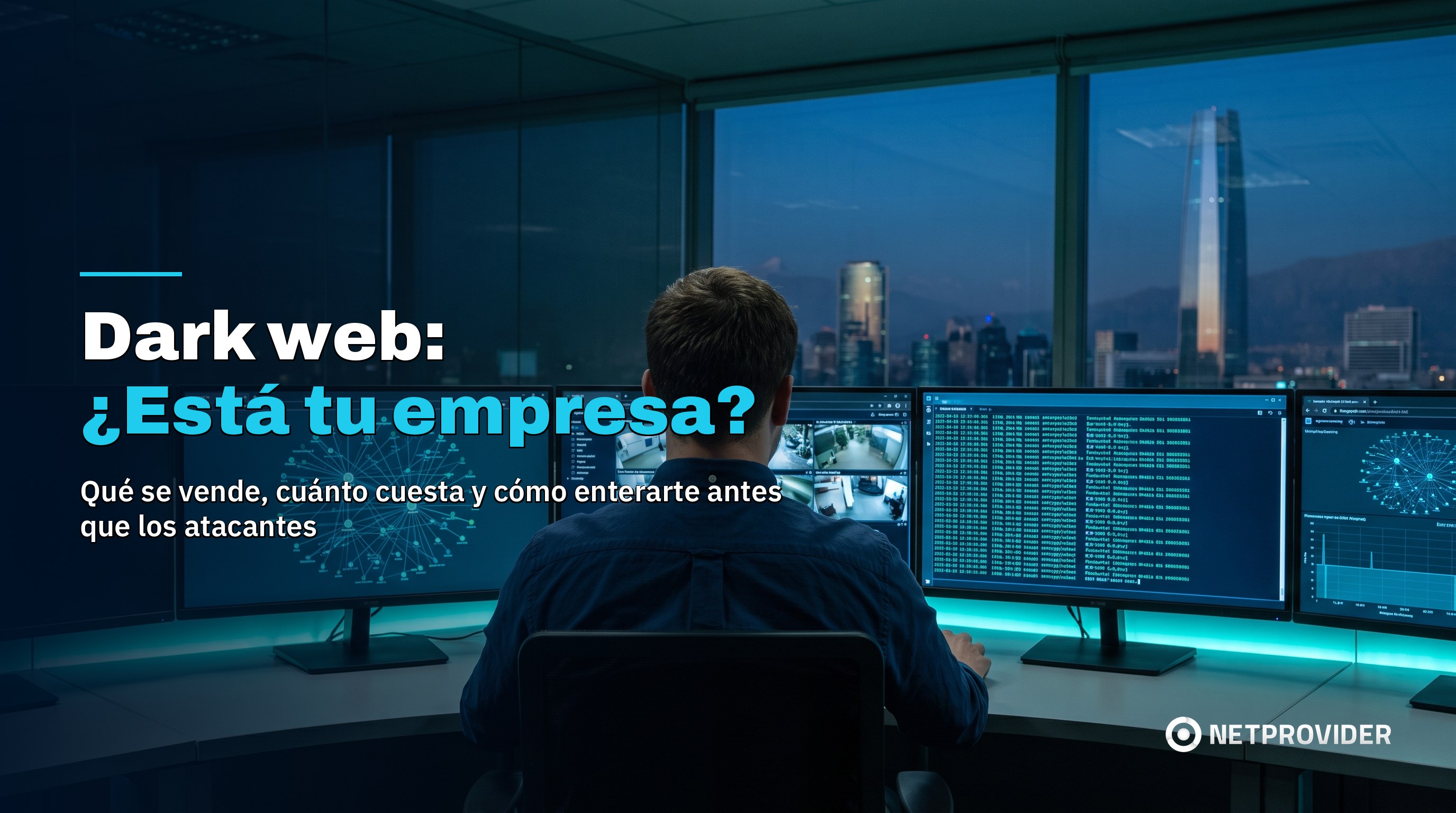 Analista de inteligencia de amenazas monitoreando listados de credenciales filtradas en un SOC de Santiago de Chile, dark web monitoring