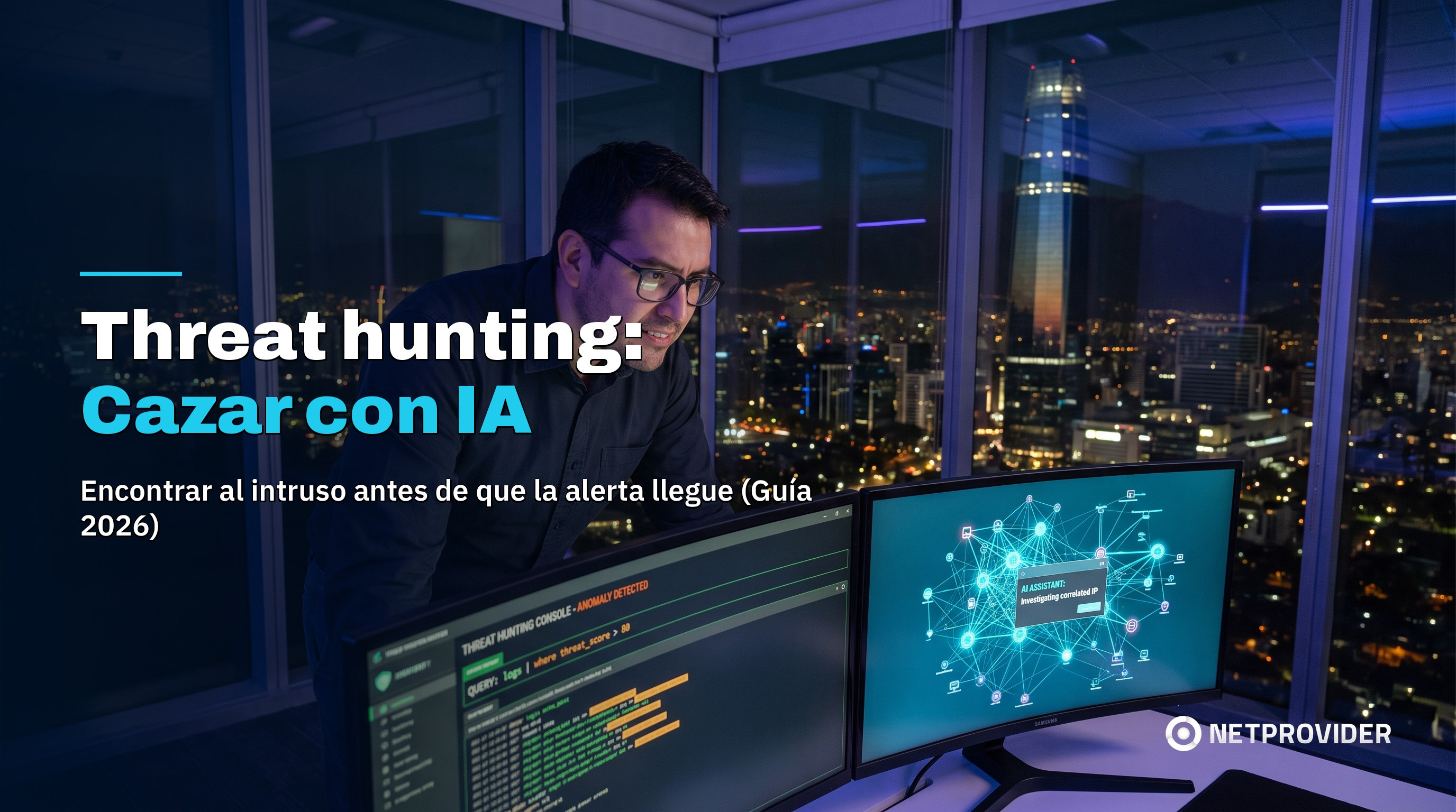 Analista de seguridad cazando amenazas en un SOC de Santiago con asistente de IA, threat hunting