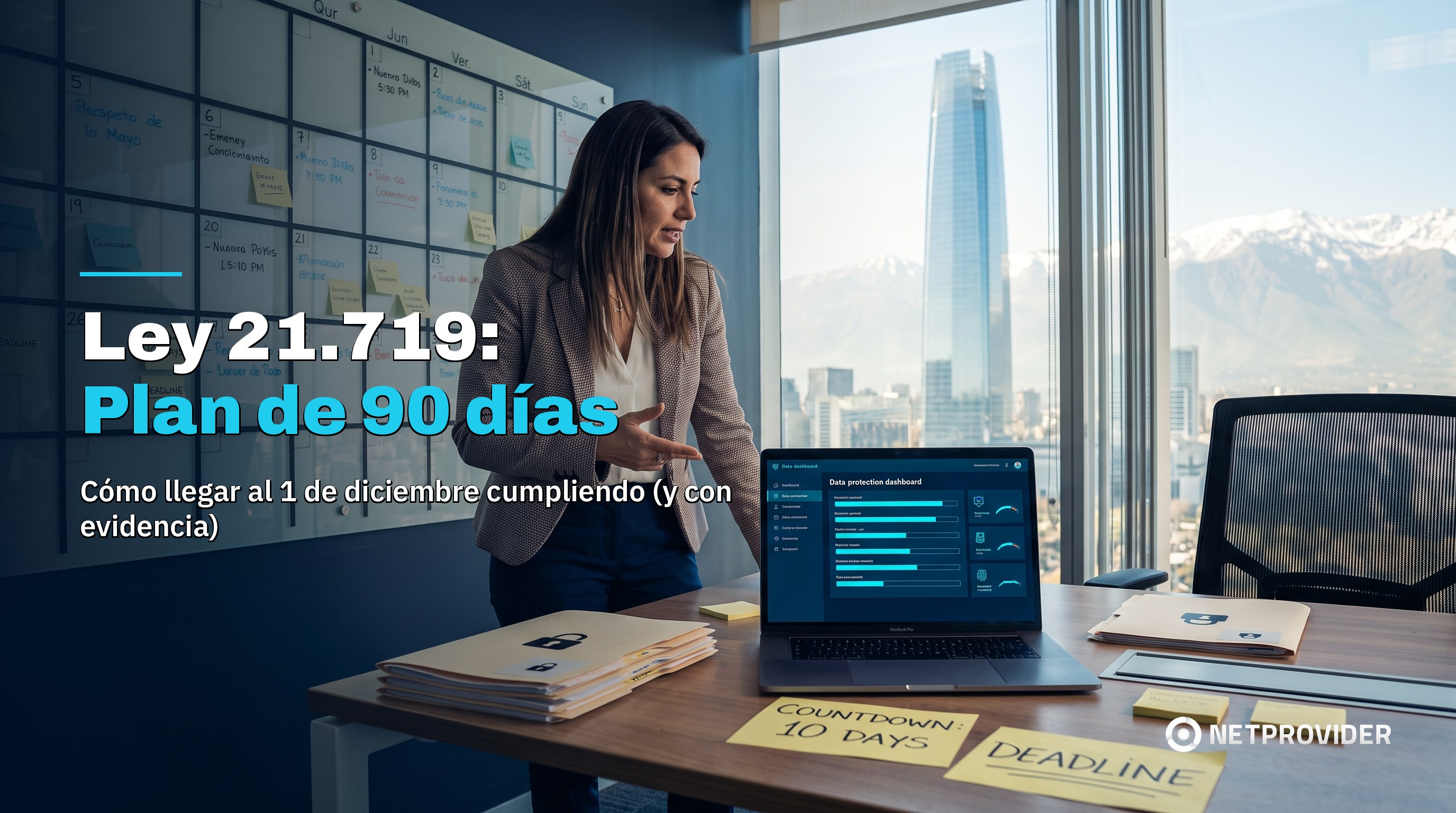 Compliance officer revisando calendario y dashboard de cumplimiento de la Ley 21.719 en Santiago