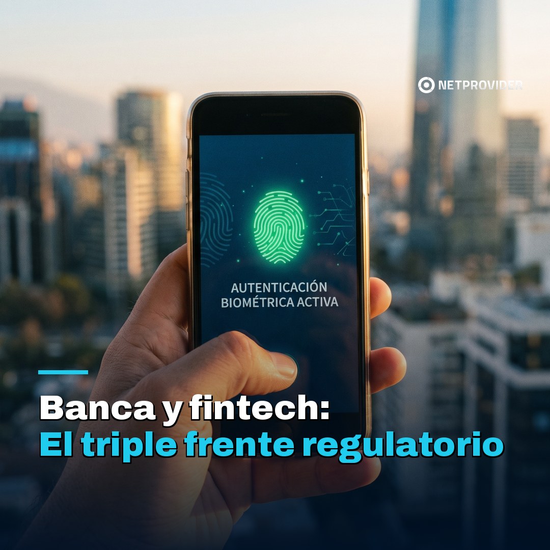 Persona autenticándose con huella digital en app bancaria frente a un edificio corporativo, ciberseguridad bancaria 2026