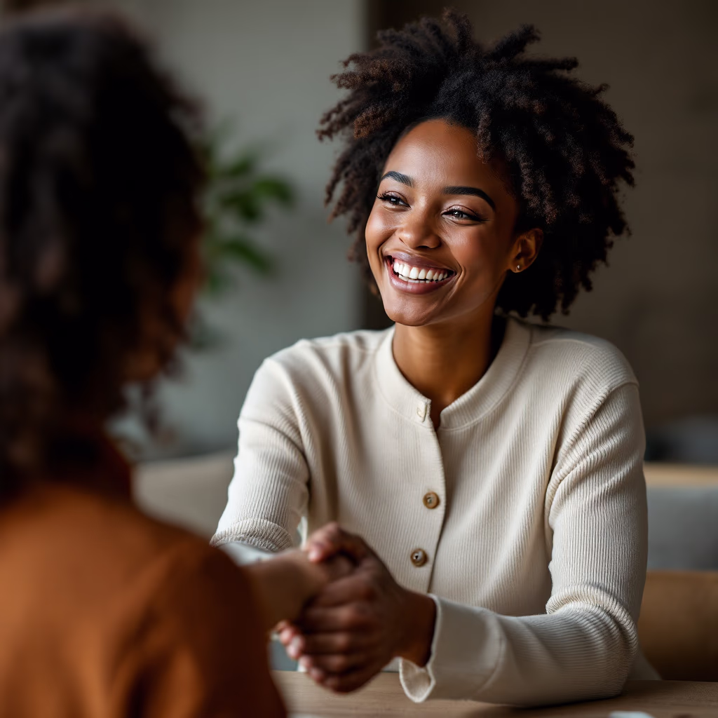 [headshot] image of satisfied customer shaking hands with company representative (for a fintech company)