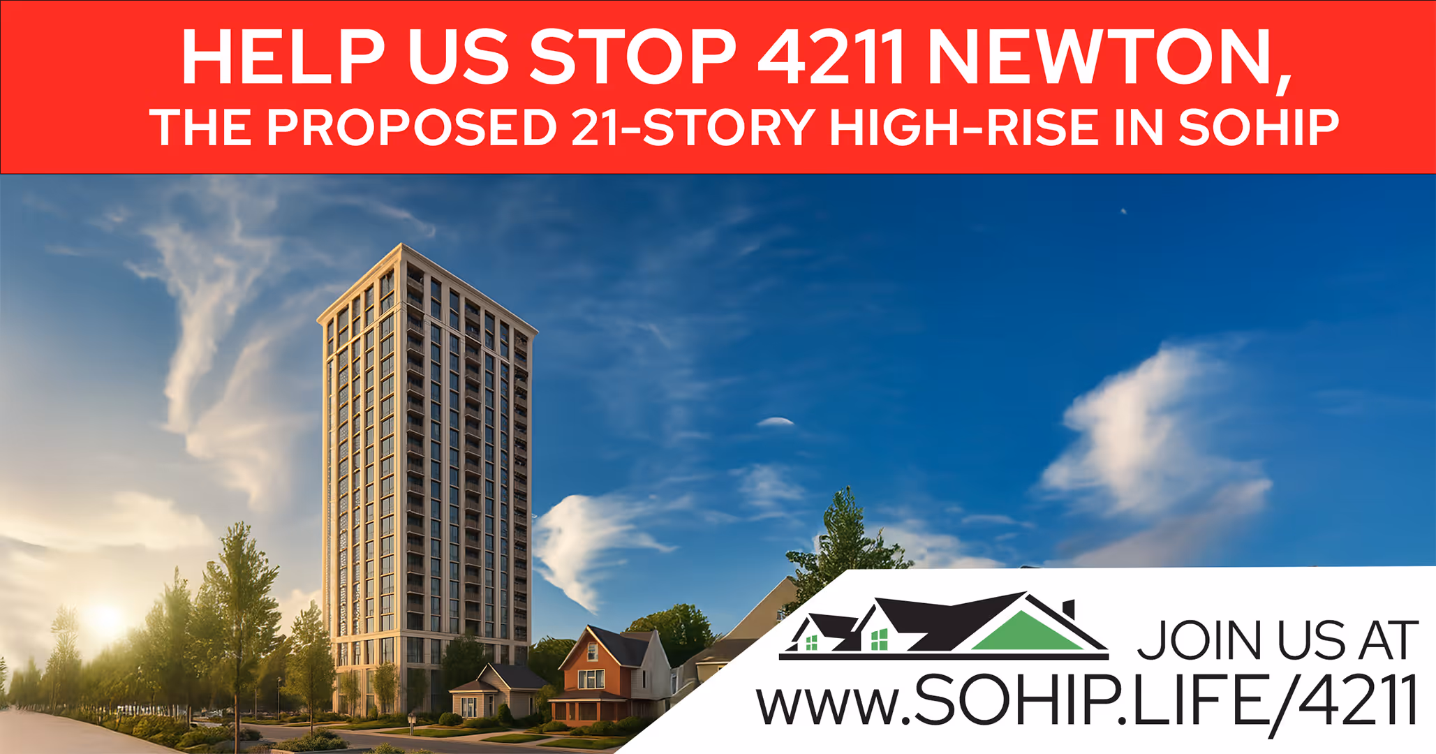 Digital rendering of a proposed 21-story high-rise building next to lower residential houses under a blue sky at sunset.