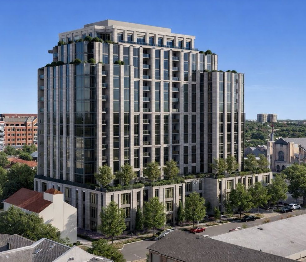 4211 Newton Revised Photo 185' 16-story residential building with stepped terraces and trees on balconies under clear blue sky.