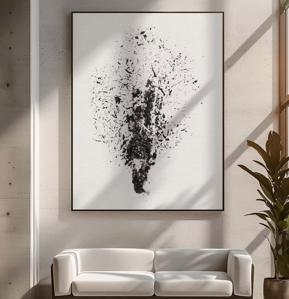 Framed yoni print in a bright living room, above a white sofa. 