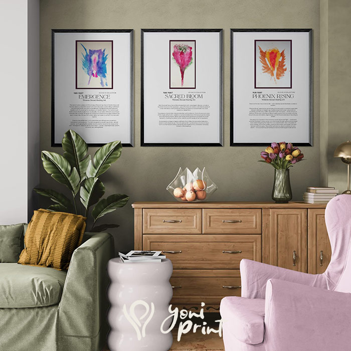 Trio of framed yoni prints on a green wall, featuring prints named Emergence, Sacred Bloom, and Phoenix Rising.