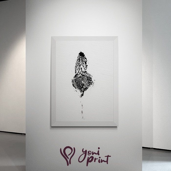 Framed yoni black and white original print displayed on a wall in a fine art gallery setting.