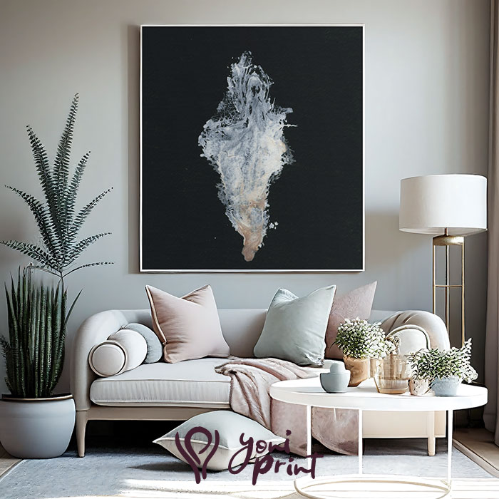 Abstract yoni mixed-media painting in a modern living room, empowering fine art for home decor.