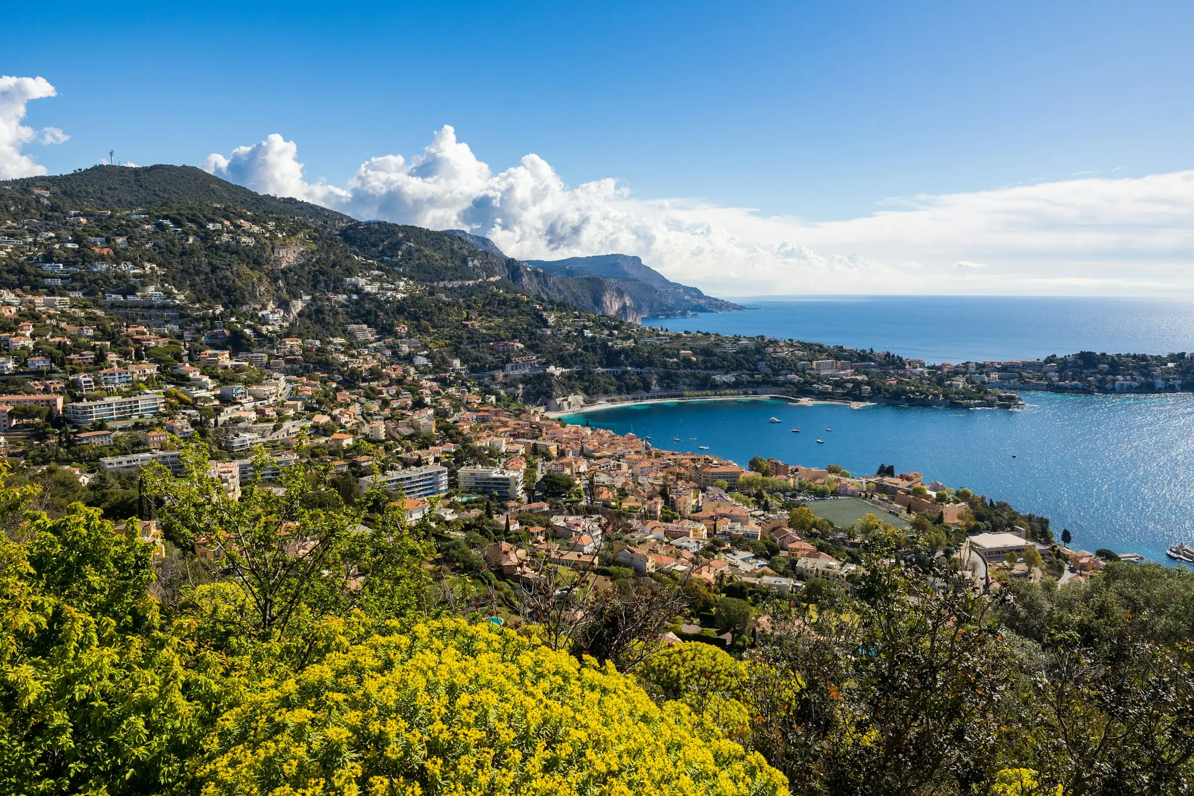 An aerial photo of the French Riviera with boats and mountains and flowers in the foreground.