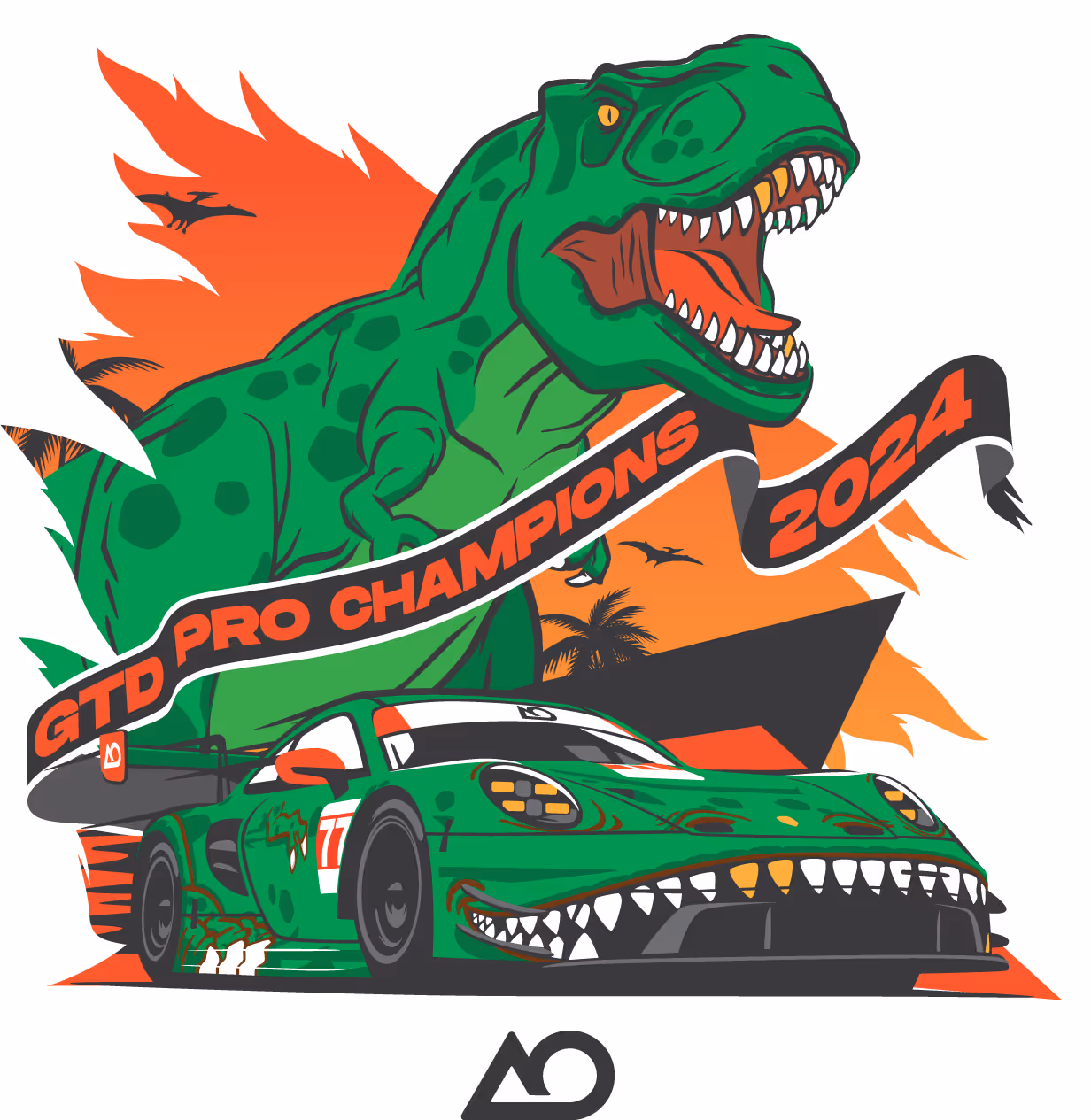 Illustration of AO Racing's Rexy Porsche 911 GT3 R with Rexy the Tyrannosaurus Rex mascot bursting through and a banner that reads GTD Pro Champions 2024 in front of the dinosaur