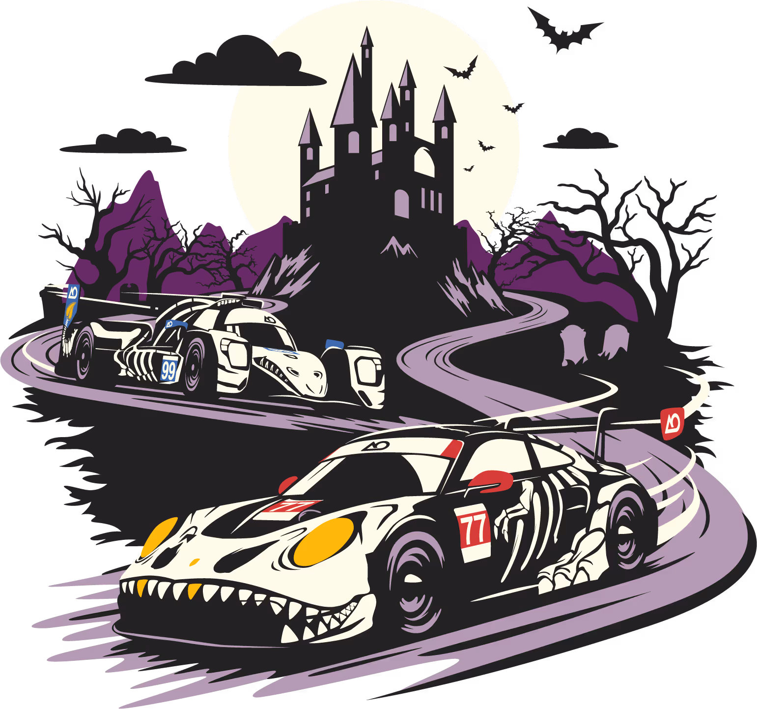 Illustration of AO Racing's Rexy Porsche 911 GT3 R with Rexy the Tyrannosaurus Rex mascot bursting through and a banner that reads GTD Pro Champions 2024 in front of the dinosaur