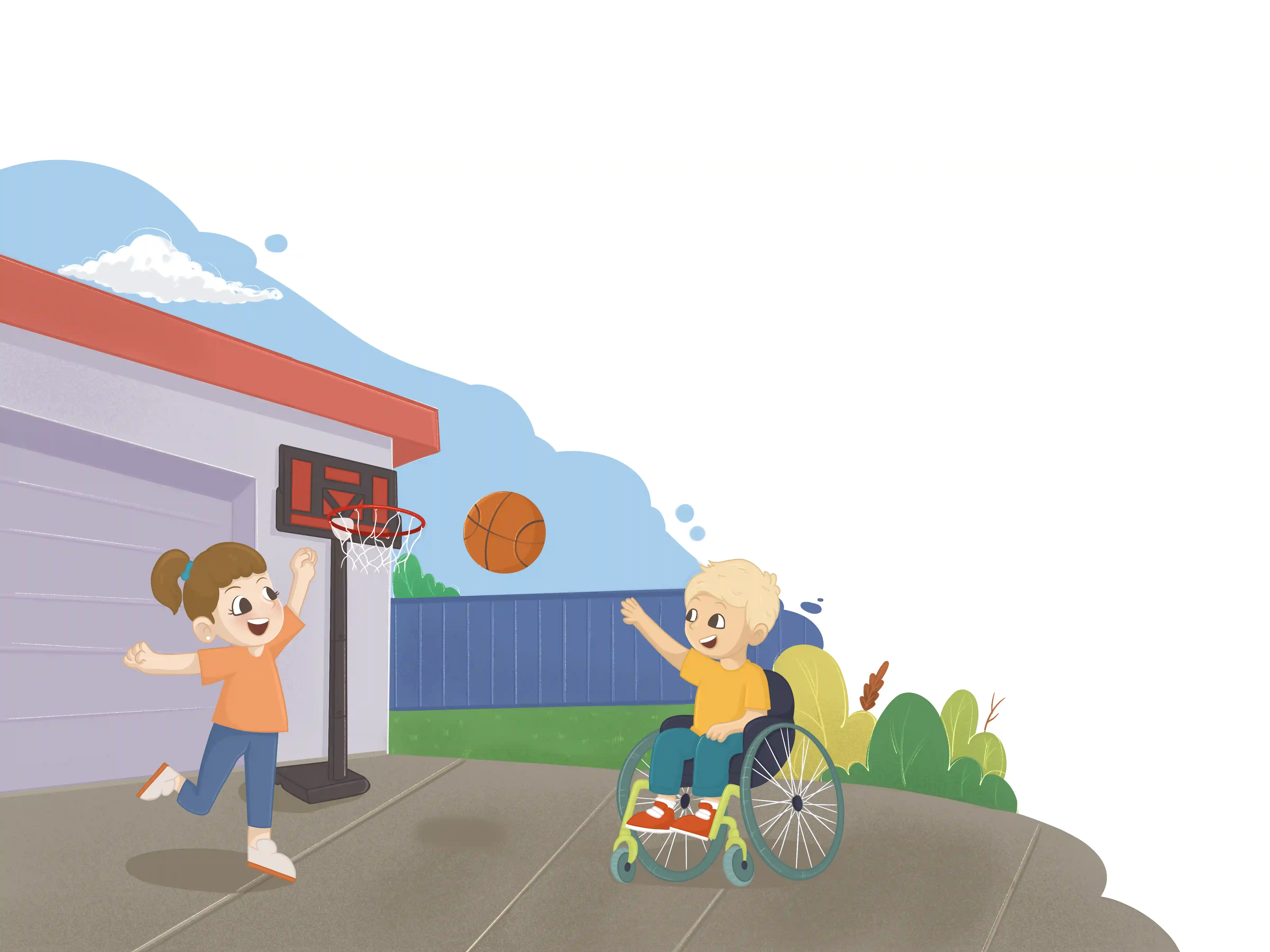 Illustration von Tommy und seiner Schwester, Basketball spielend vor der Garage