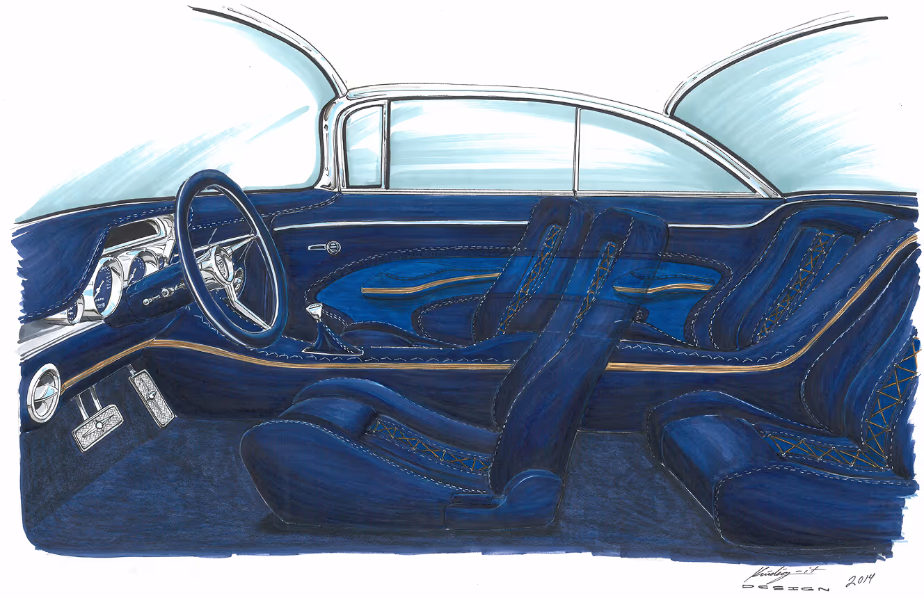 Interior Hand-drawn rendering of our 59’ Buick Invicta done by Dave Kindig