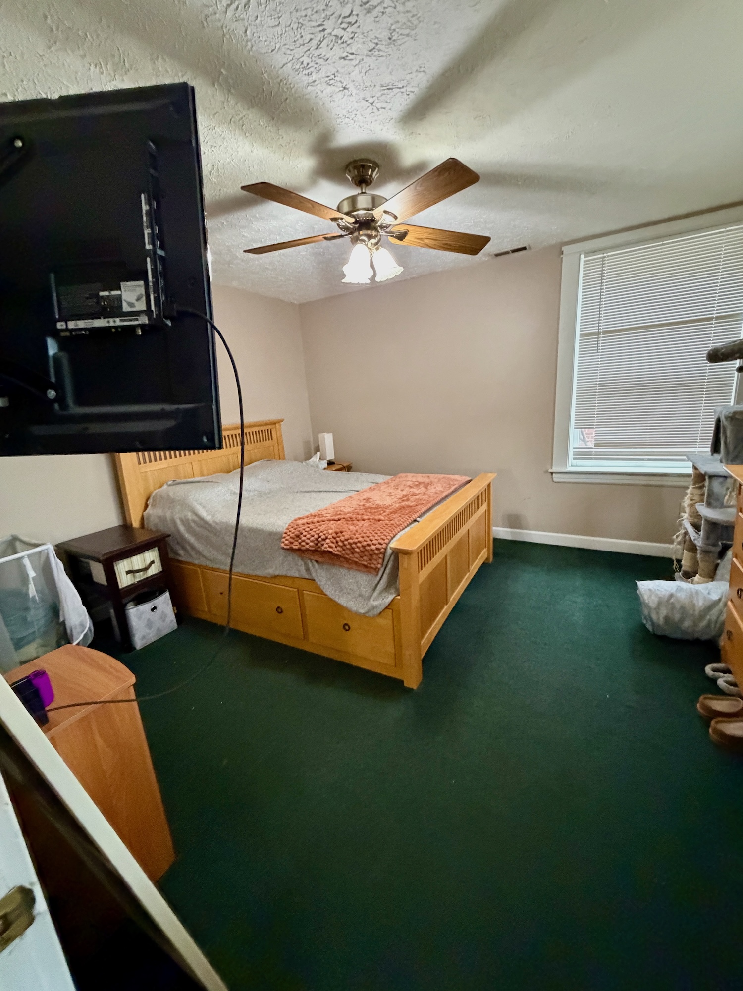 A calm, comfortable space to recharge. Quiet one-bedroom apartment in a Huntington quad with neutral walls and ceiling fan.