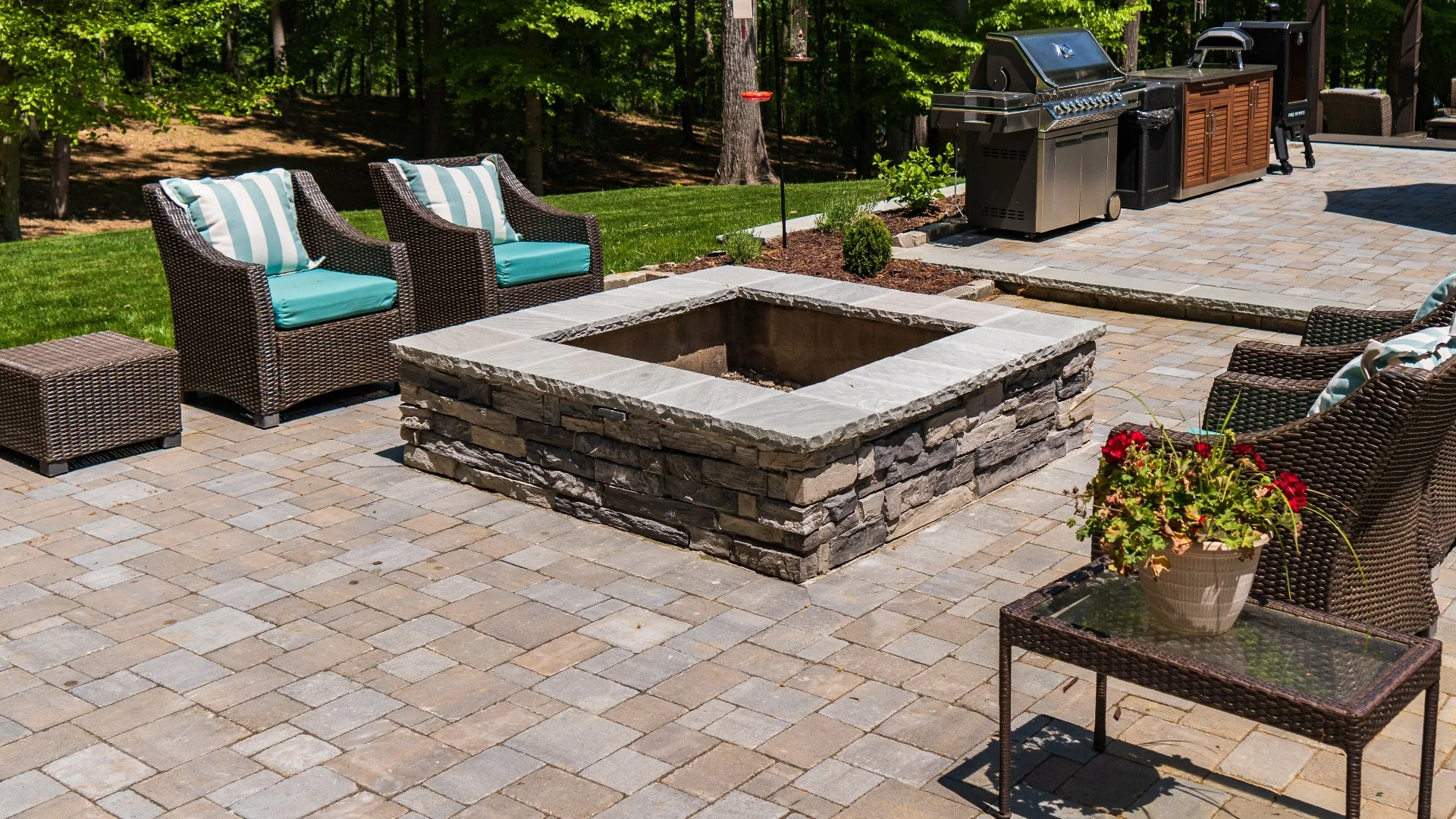 fire pit with seating on patio