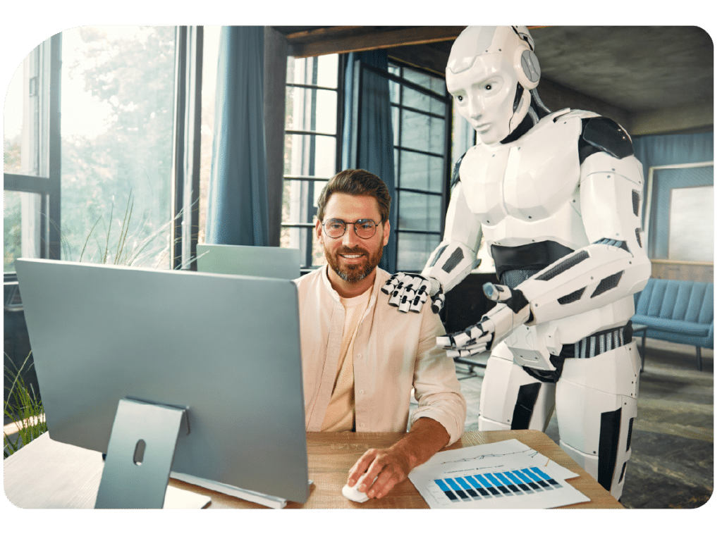 Man coding with AI robot showing human-AI collaboration for app development.