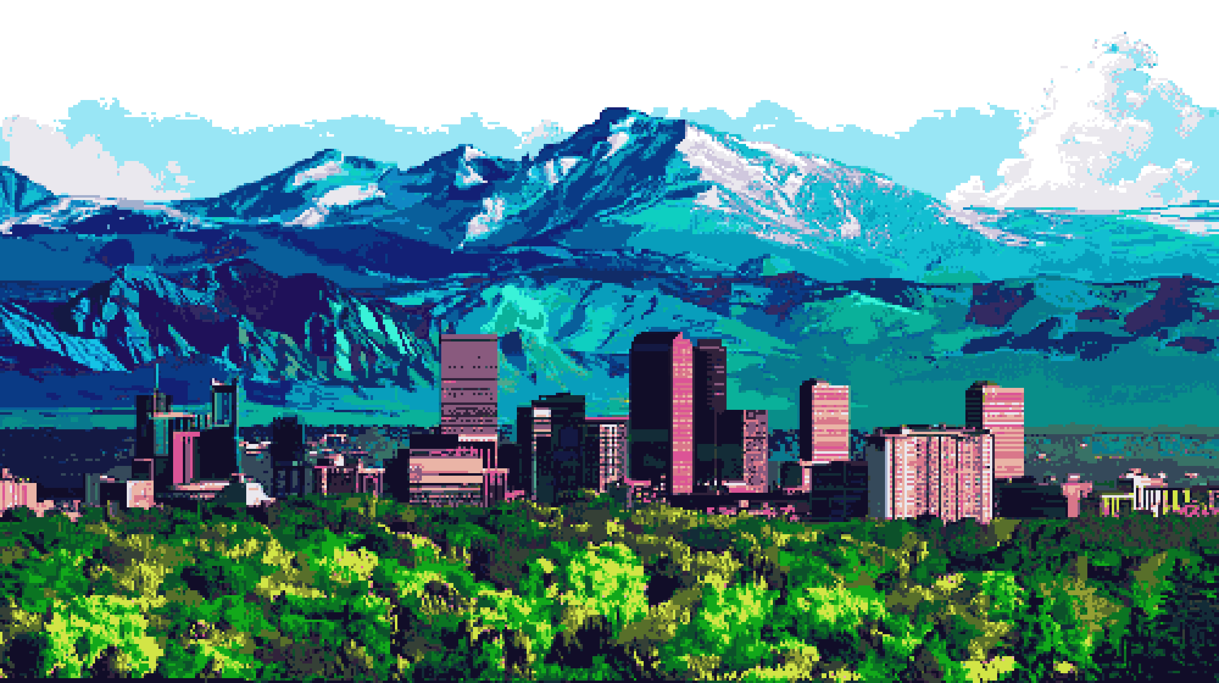 Retro pixel art of downtown Denver skyline with the Rocky Mountains in the background.