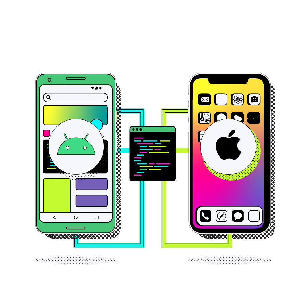 Illustration of cross-platform mobile app development showing Android and iOS devices connected by shared code.