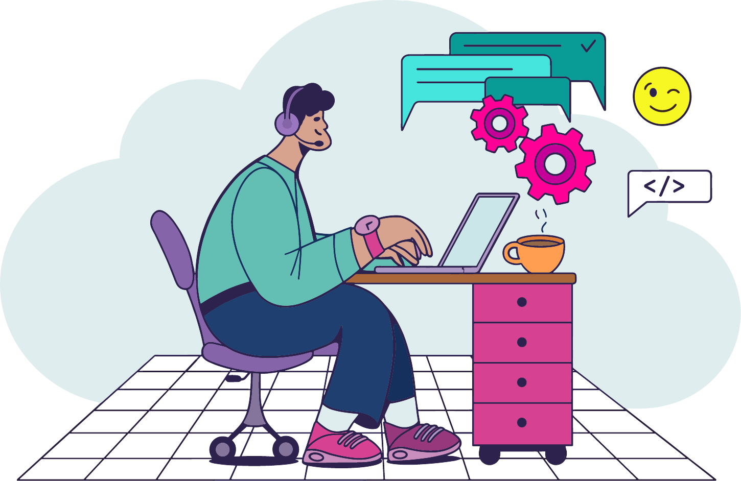 Illustration of developer providing software maintenance and support