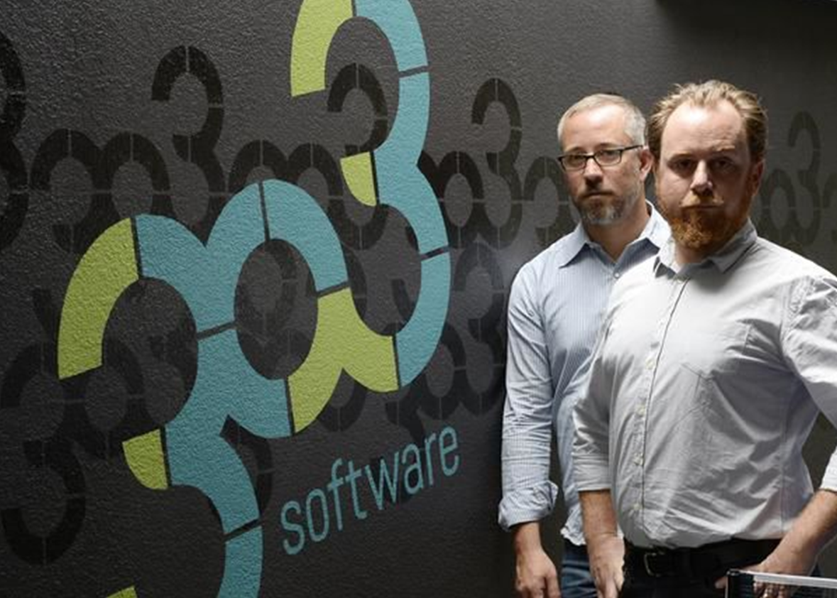 303 Software founders beside early company branding, marking 20 years in business.