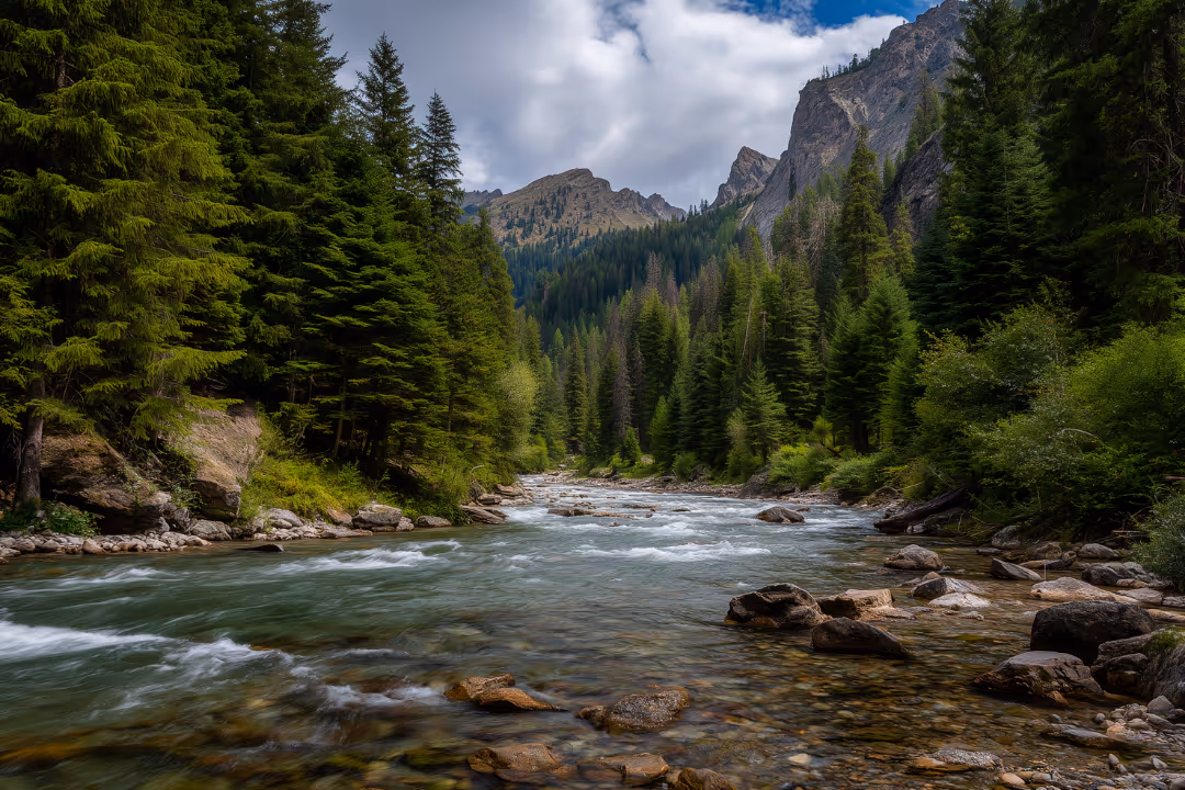 Flowing River and Mountains