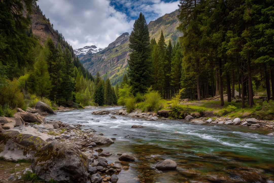 River With Mountains Above