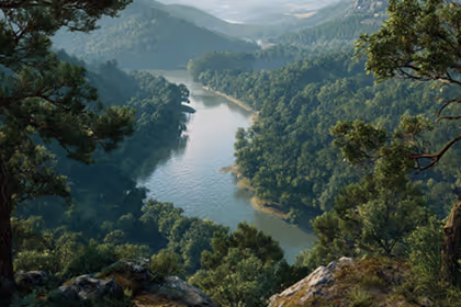 Overview of a river from the top of a mountain