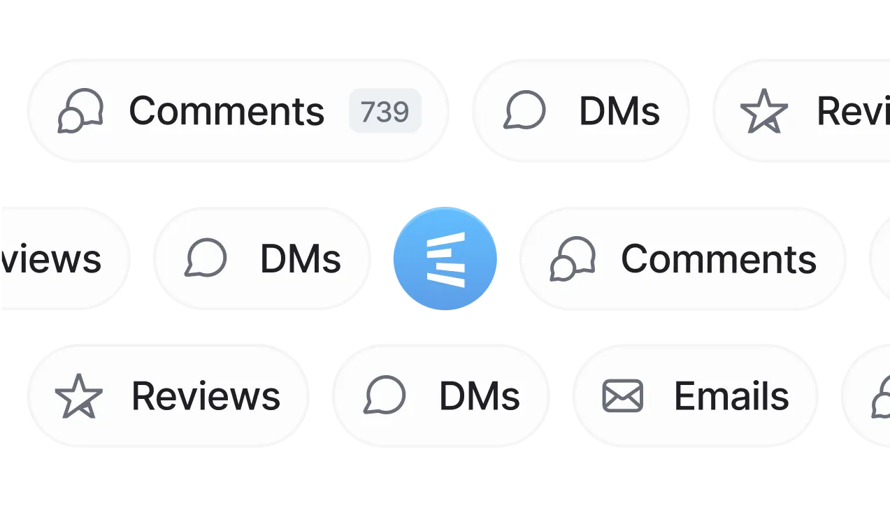 Boutons d'interface avec icônes et labels: Commentaires, DMs, Avis, Emails, et un logo bleu au centre.