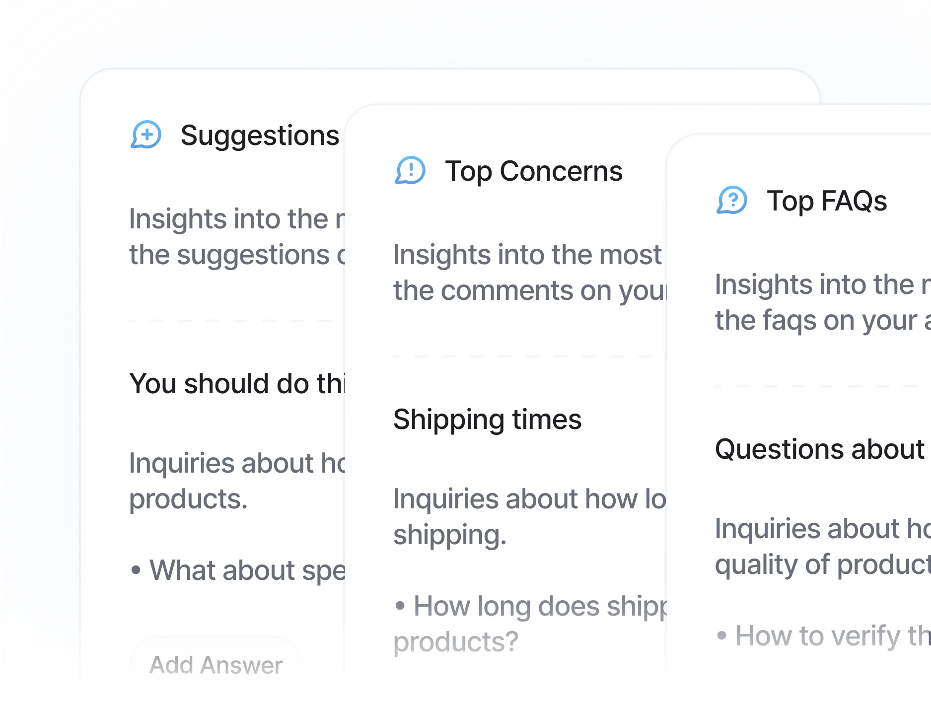 Three overlapping cards titled Suggestions, Top Concerns, and Top FAQs with partial text visible.