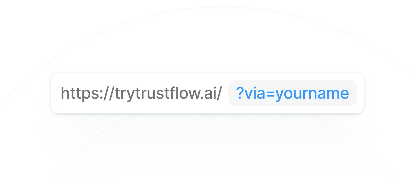 URL de site avec un paramètre de requête bleu clair '?via=yourname' à la fin.