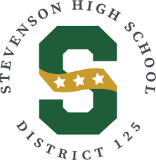 Stevenson High School District 125 logo with a green letter S crossed by a gold ribbon with three white stars, encircled by the school name and district number.