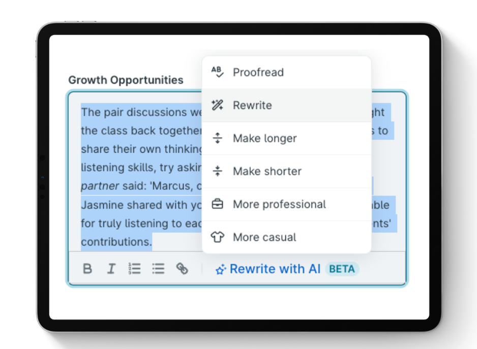 Tablet screen showing a text editor with a highlighted passage under 'Growth Opportunities' and an AI rewrite menu offering options: Proofread, Rewrite, Make longer, Make shorter, More professional, More casual.