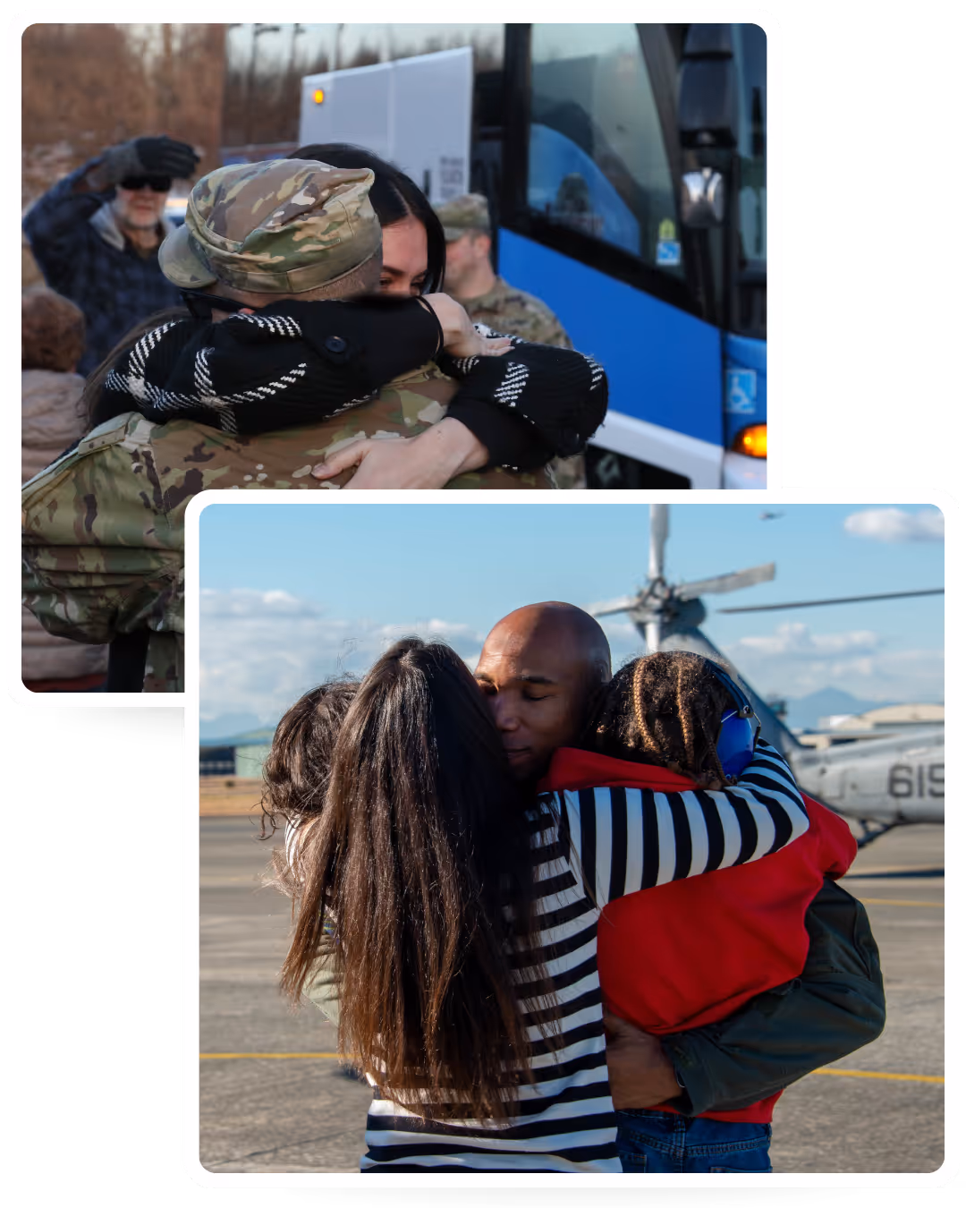 A woman in a striped shirt hugs a man in a military uniform.