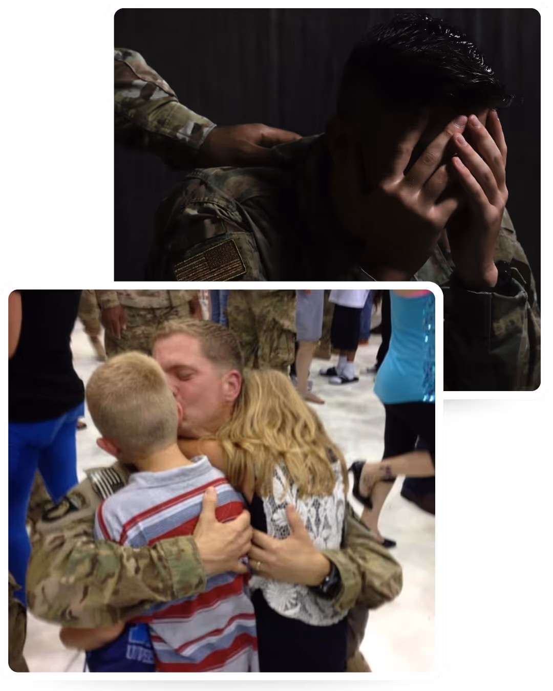 A man in a military uniform hugs a child.