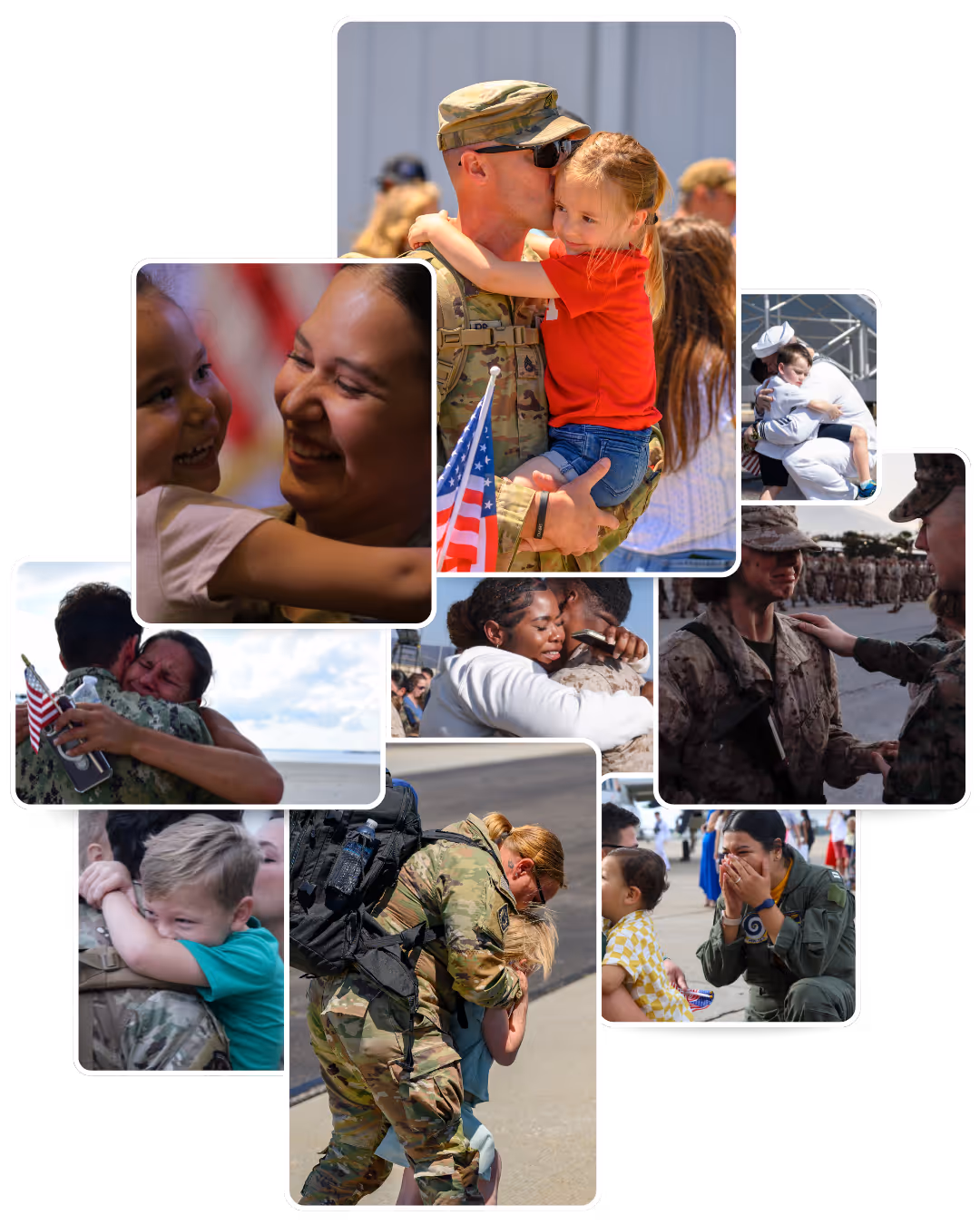 A collage of photos of soldiers and children hugging.