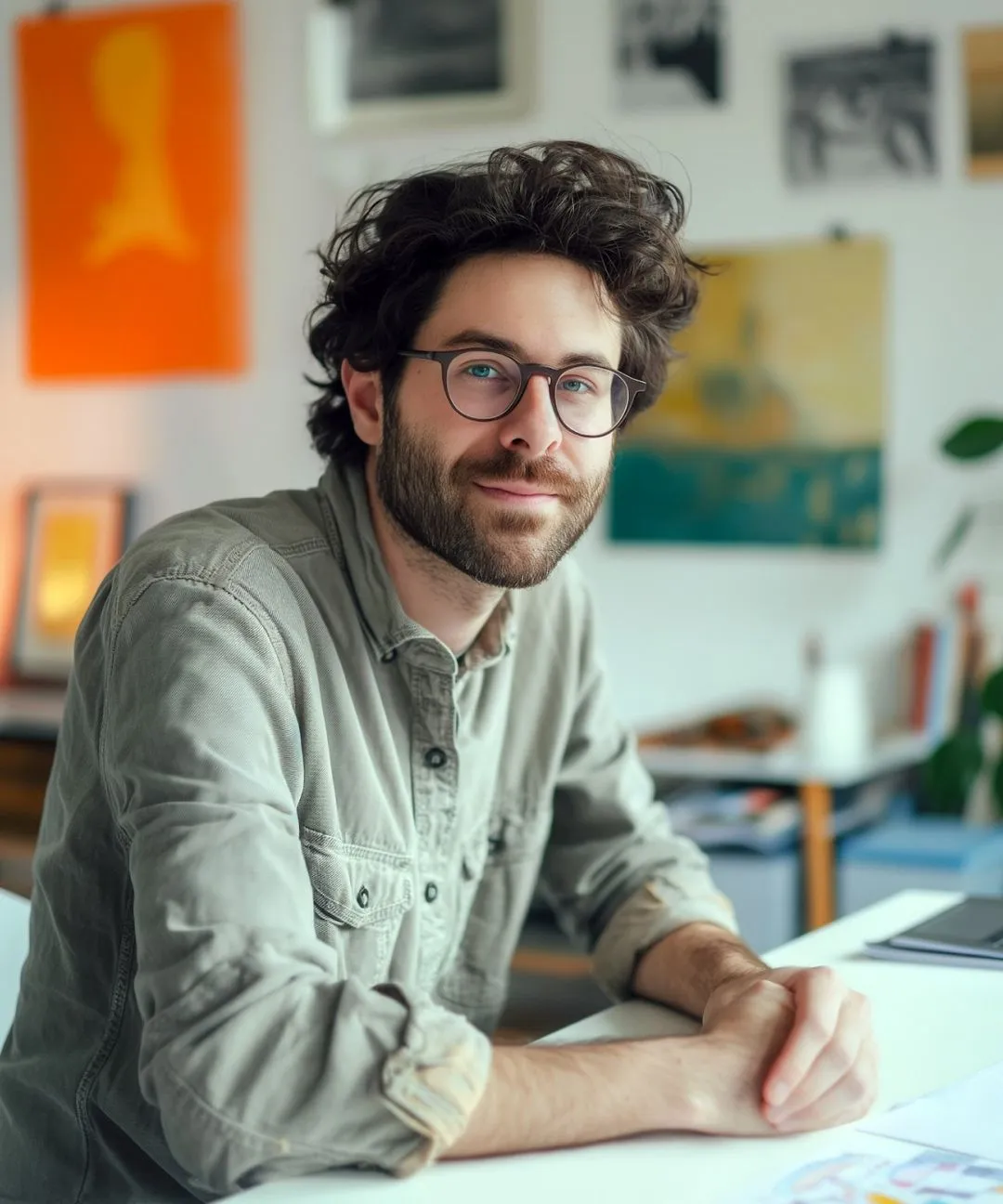 Confident young professional with curly dark hair and glasses smiling at the camera while sitting at a desk in a creative office, reflecting leadership coaching, business strategy, and professional growth.