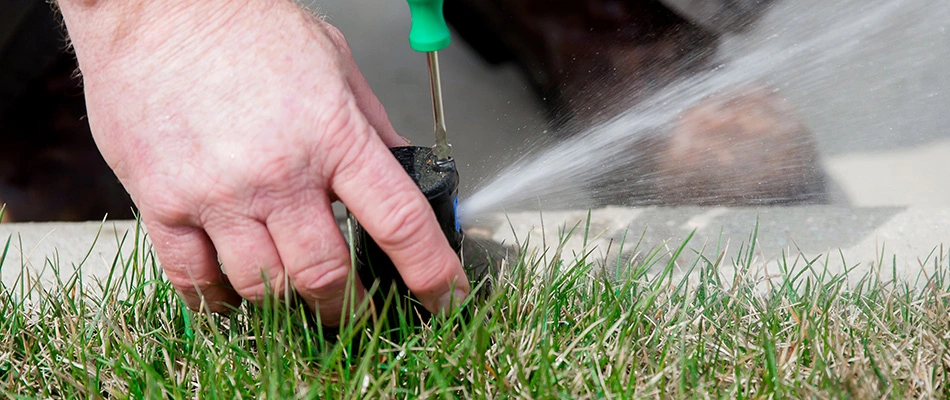 Technician repairing a broken sprinkler in Colfax, NC.
