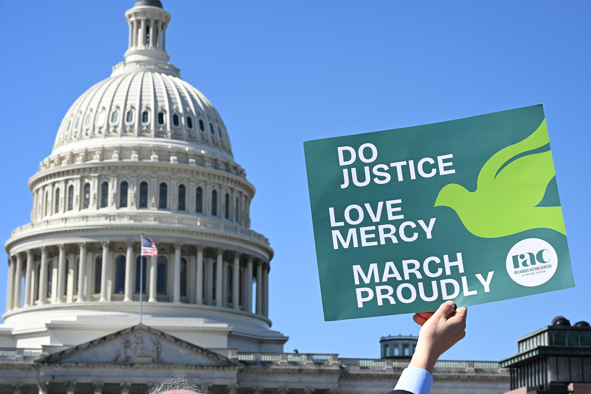 Someone holding a sign in front of the Capitol.