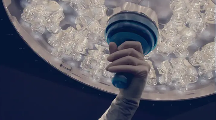 Gloved hand adjusting a circular surgical light with multiple LED bulbs in an operating room.