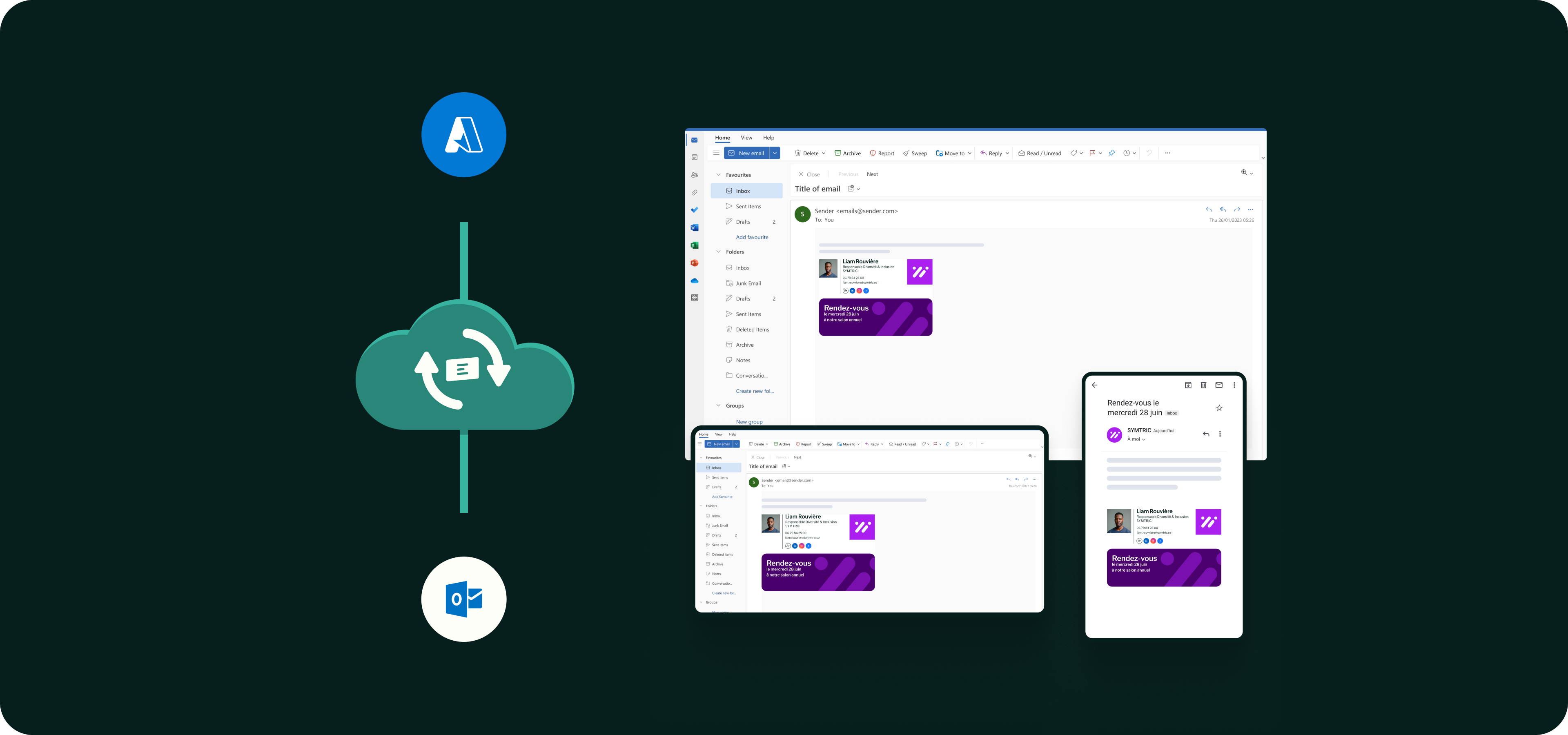 Exemple d’intégration de signature email Outlook via ECARD sur différents appareils