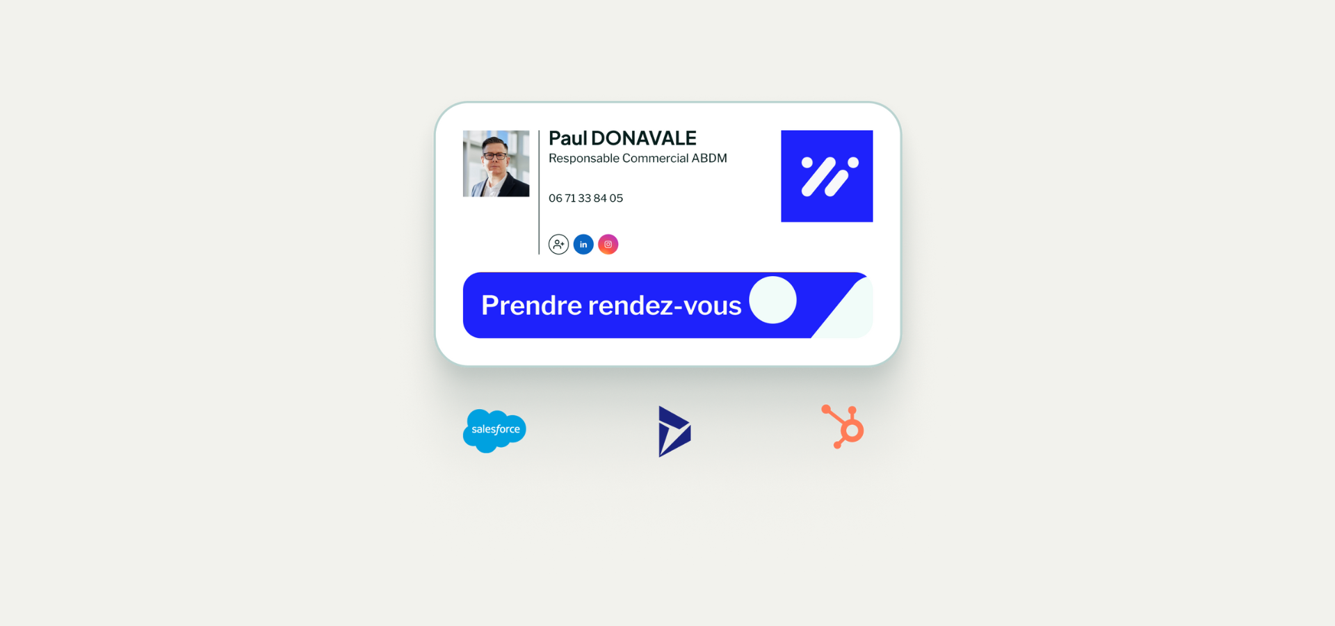 Illustration d’un email Outlook avec une signature incluant un bouton “Planifier une démo”, relié à un formulaire qui crée automatiquement un lead dans un CRM.