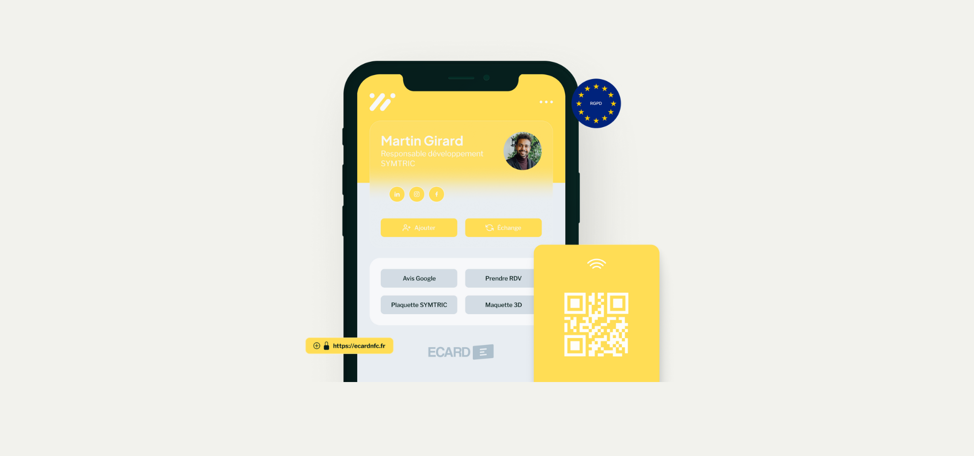 Illustration d’une carte NFC professionnelle affichée sur smartphone avec cadenas de sécurité et drapeau européen