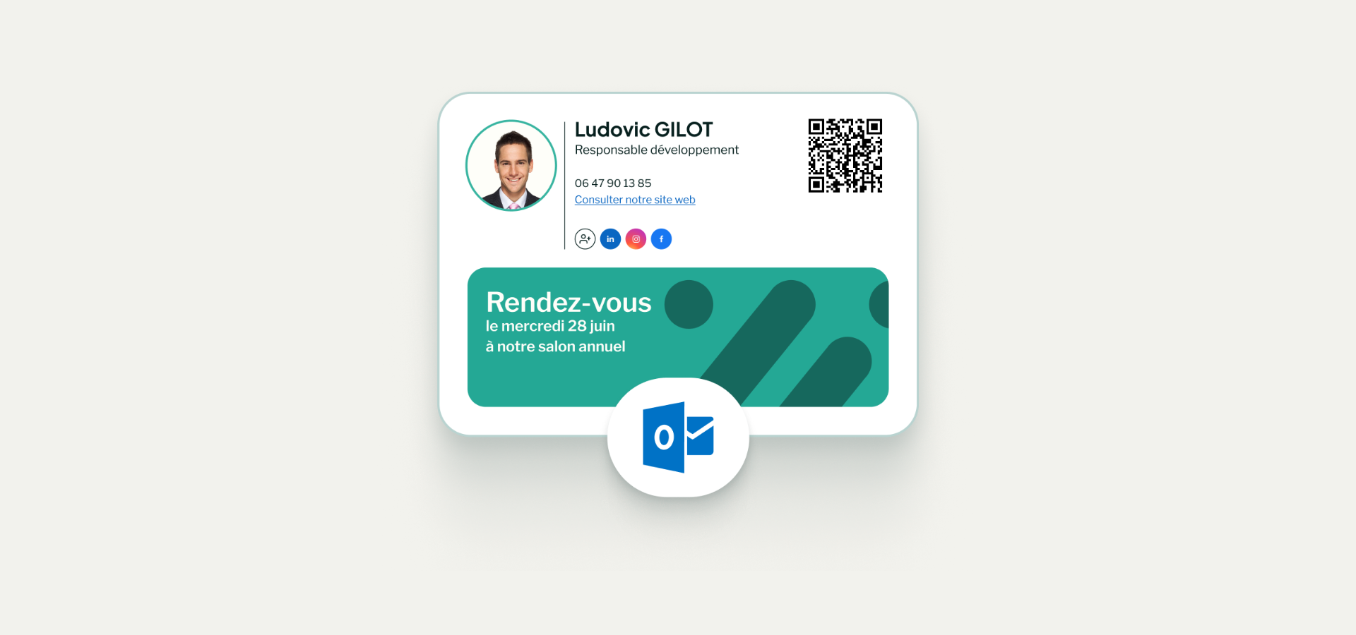 Email Outlook professionnel avec signature comportant un QR code et un CTA visible, sur fond épuré d’entreprise.