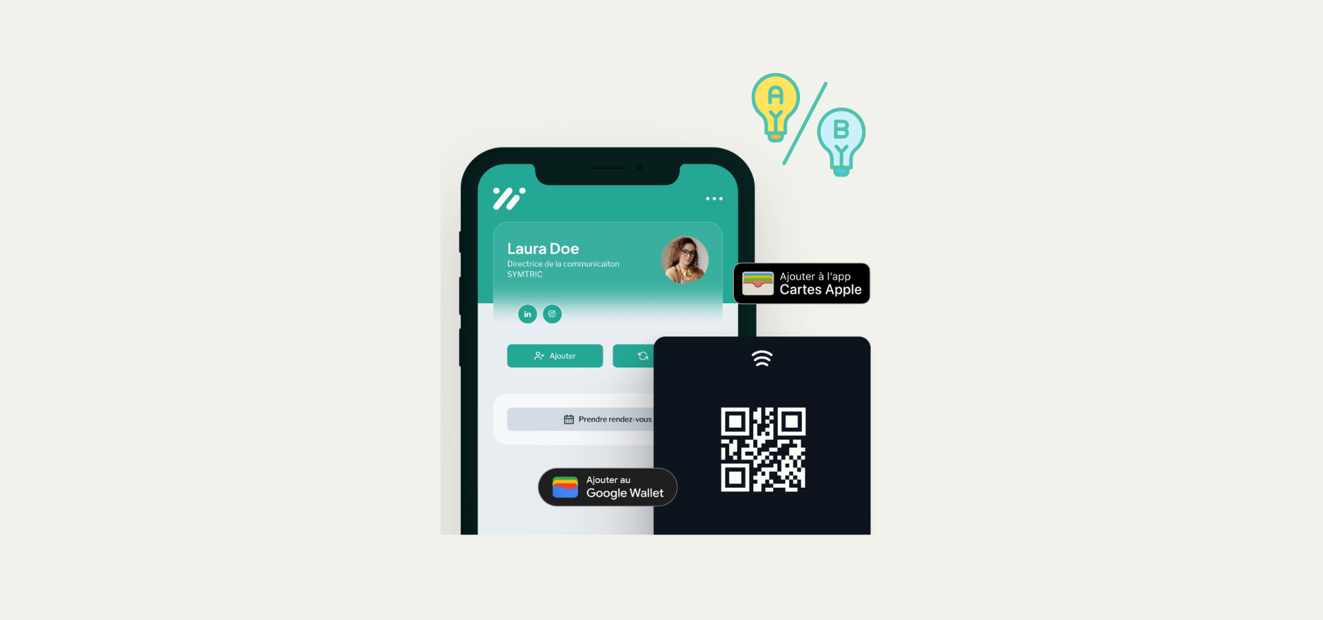 Visuel d’une carte de visite connectée NFC ECARD affichée sur smartphone, avec QR code, Apple Wallet et Google Wallet. Illustration de la solution ECARD, carte digitale sans application, compatible iOS et Android, pour entreprises en 2025.