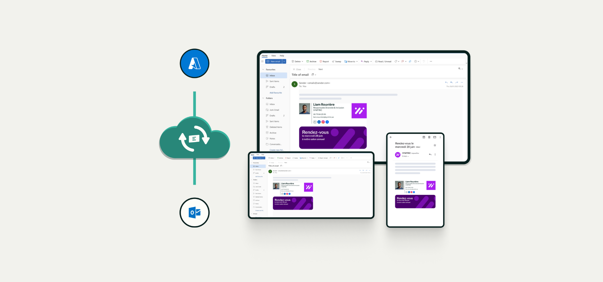 Visuel expliquant la différence de signature email Outlook entre desktop et mobile dans un environnement Microsoft 365, avec un focus sur les enjeux de cohérence et de gouvernance IT.
