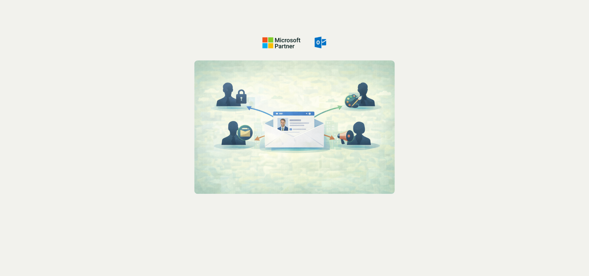 Schéma illustrant la gouvernance des signatures Outlook en entreprise entre DSI, communication et marketing autour d’un modèle centralisé.