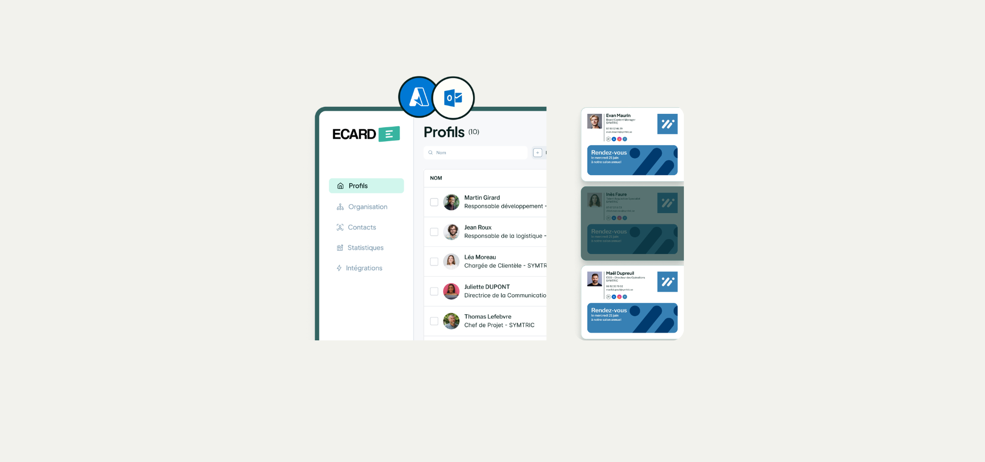 Illustration représentant l’automatisation des signatures email via Active Directory et Microsoft 365, avec synchronisation des attributs utilisateurs et gestion centralisée par la DSI.